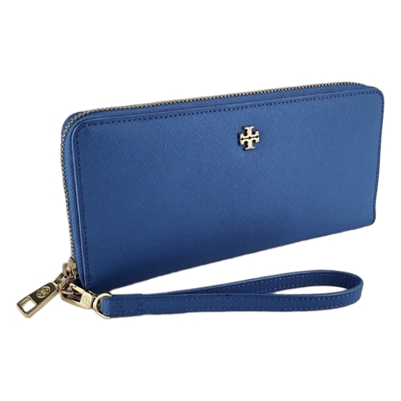Tory Burch Robinson Continental Leather Zip Wallet Wristlet Royal Blue Gold - Picture 1 of 15